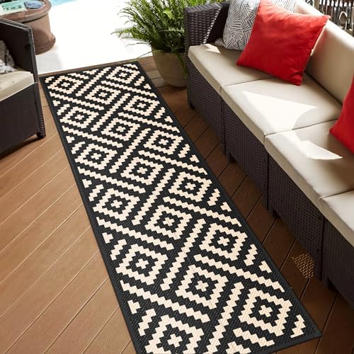 GENIMO Outdoor Rug, Waterproof Plastic Runner Rugs, 2.5'x8' Black Beige - Image 3