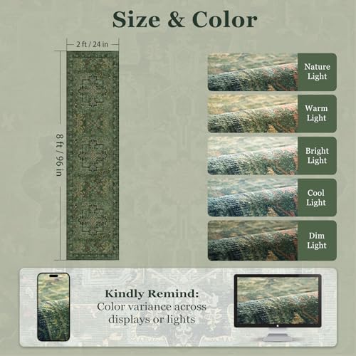 Tranditional Medallion 2x8 Dark Green Runners for Hallways Entryway, Low Pile Washable Non Slip Distressed Printed Carpet Runner Rug 8ft for Kitchen/Bedroom Bedside/Laundry Room/Bathroom - Image 2
