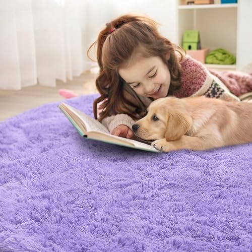 OLANLY Light Purple Round Rugs for Bedroom - Machine Washable, 3 ft Circle Area Rugs for Living Room, Soft and Fluffy Shaggy Carpet for Teen Girls and Boys, Nursery Rooms, Dorms, Home Decor Aesthetic - Image 5