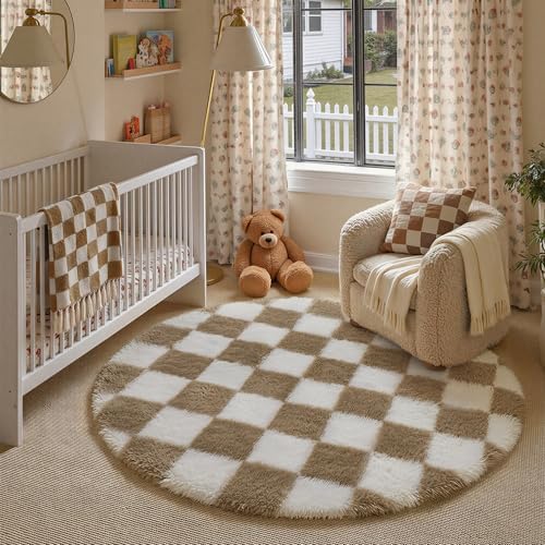 PureCozy Brown Round Rug 5ft for Bedroom Soft Fluffy Checkered Shag Carpet by PureCozy