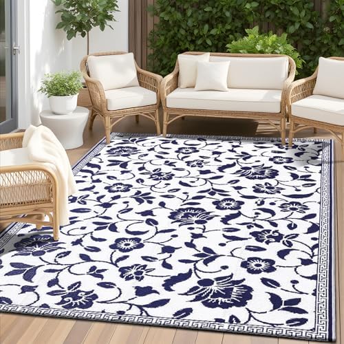 OLANLY Outdoor Rug 4x6 ft Waterproof Reversible Floral Mat, Navy & White by OLANLY
