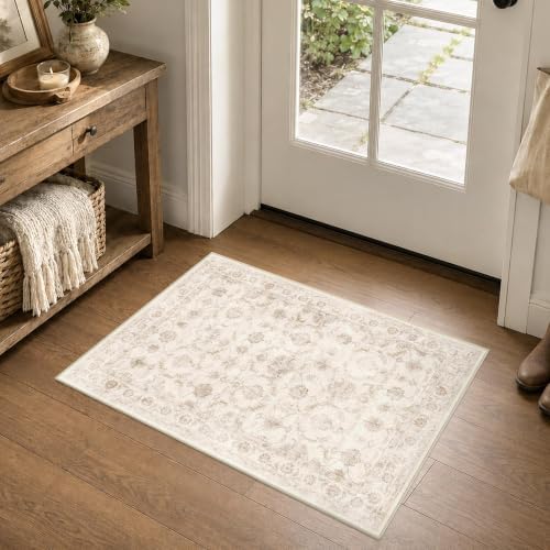 Washable 2x3 Entryway Area Rug Non-Slip Distressed Beige Throw Carpet - Image 3