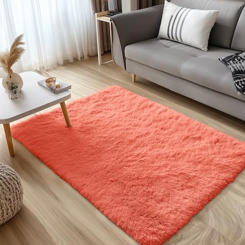 OLANLY 3x5 Machine Washable Small Bedside Rug, Soft Fluffy Shaggy Rugs for Living Room, Bedroom, Indoor Floor Carpet for Kids Girls and Boys, Preppy Dorms, Nursery, Home Decor Aesthetic, Coral Red - Image 3