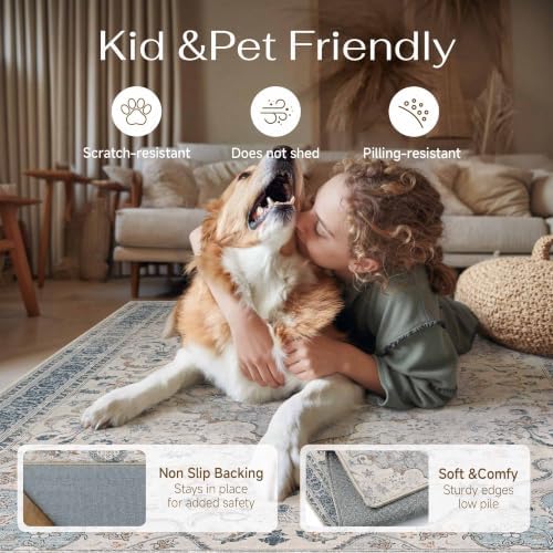 PureCozy Blue Area Rug 9x12 Living Room Vintage Floral Non-Slip Carpet - Image 4