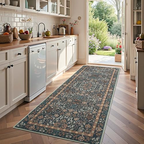 jinchan 3x8 Washable Hallway Runner Rug, Floral Non-Slip, Dark Blue by JINCHAN