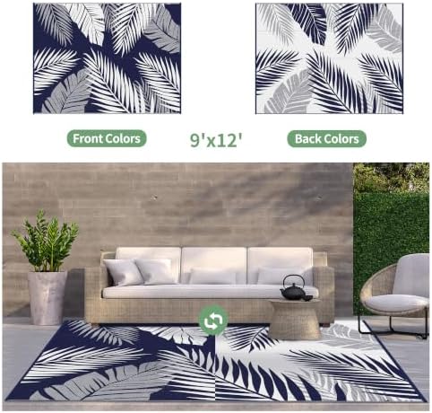 GENIMO Outdoor Rug, Waterproof Plastic Rugs for Patio, 9'x12' Blue White - Image 2