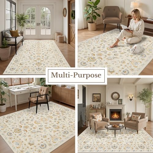 6x9 Area Rug Living Room: Soft Floral Washable Boho Carpet Beige - Image 5