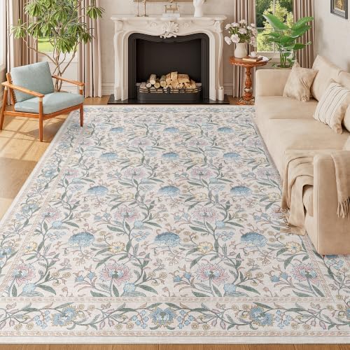 DUKINO 9x12 Area Rug for Living Room Vintage Floral Washable Rug Cream Blue by DUKINO