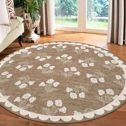 Tan Neutral Round Rug 5ft, Washable Floral Boho Scalloped Rug by Othilic