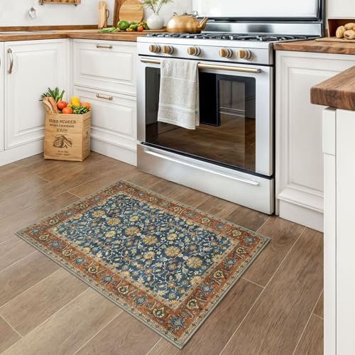 KUTA Vintage 2x3 Rugs for Entryway Washable Kitchen Rug Blue Terracotta - Image 3