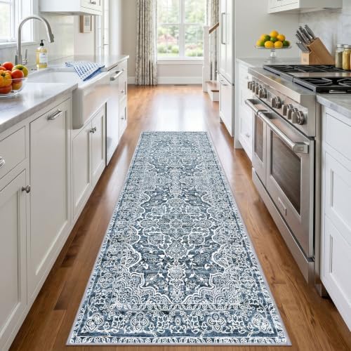KUTA Vintage Washable Runner Rug 3x7 Blue White Wide Hallway Runner - Image 2
