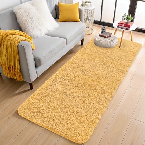 OLANLY 2x6 Machine Washable Runner Rugs for Hallway, Soft Fluffy Shaggy Bedside Rugs for Bedroom, Living Room, Indoor Floor Carpet for Kids Girls and Boys, Home Decor Aesthetic, Mustard Yellow by OLANLY