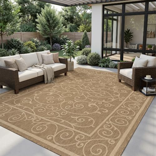 MontVoo-Outdoor Rug-Patio Rug 8x10 ft Polypropylene Indoor Outdoor Rugs Outdoor Carpet for Patio Deck Balcony Porch, Textured Weave, Durable for High Traffic, Fade-Resistant, Vintage Neutral Brown by MontVoo