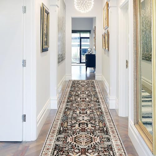 Washable Kitchen Runner Rug 2'6''x12' - Non-Slip Hallway Entryway Rugs with Rubber Backing Soft Thin Carpet for Bathroom Vintage Stain Resistant Indoor Home Decor Mat for Bedroom (Black, 2'6'' x 12') - Image 3