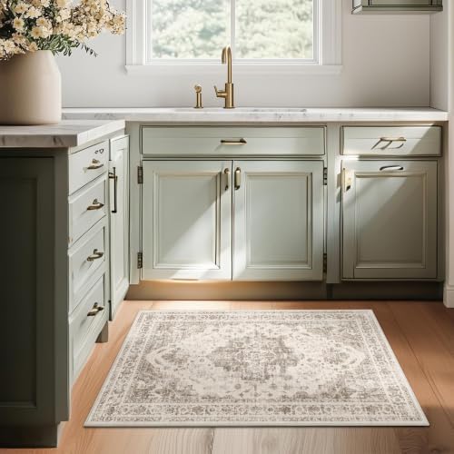 2x3 Washable Entryway Area Rug Non-Slip Medallion Taupe Door Mat - Image 2