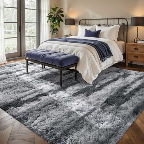 5x7 Ft Large Shag Rug for Living Room Bedroom,Tie-Dyed Ultra Soft Fluffy Furry Area Rug, Aesthetic Grey Carpet for Indoor Floor Home Decor - Image 3