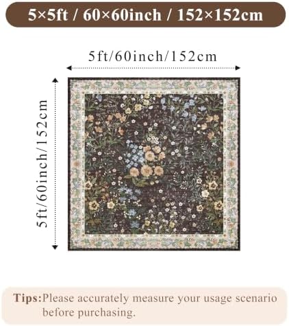 5x5 Living Room Area Rug Washable: Floral Non-Slip Mats for Indoor Floor Entryway Dining Room Bedroom - Soft Thin Carpet for Vintage Neutral Home Decor (5ft Square, Brown) - Image 2