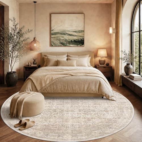 Schweek 8ft Circle Rug Neutral Beige Vintage Washable Non-Slip Round Rugs - Image 2