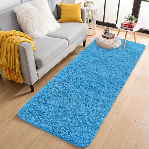 OLANLY 2x4 Machine Washable Runner Rugs for Hallway, Soft Fluffy Shaggy Bedside Rugs for Bedroom, Living Room, Indoor Floor Carpet for Kids Girls and Boys, Home Decor Aesthetic, Bright Blue - Image 3