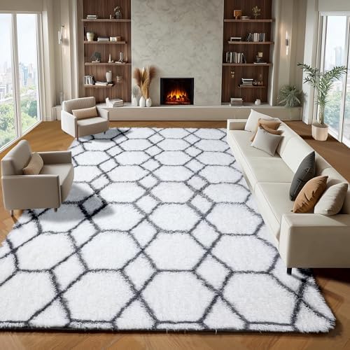 7x9 Area Rugs for Living Room Bedroom, Fluffy White and Grey Geometric Rug - Image 5