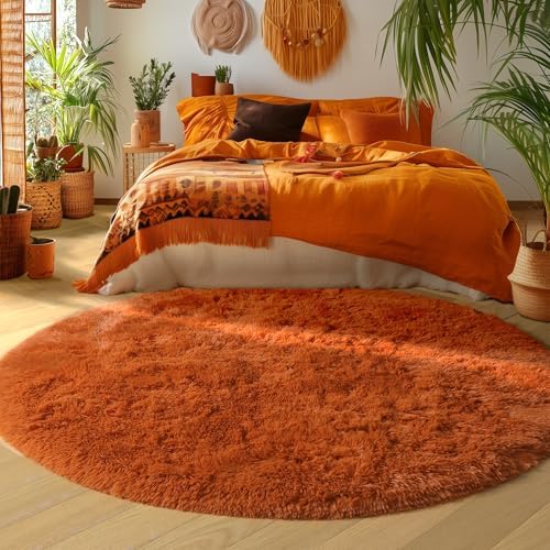 Amdrebio Burnt Orange Shag Plush Big Round Rug 6Ft for Bedroom Living Room - Image 5