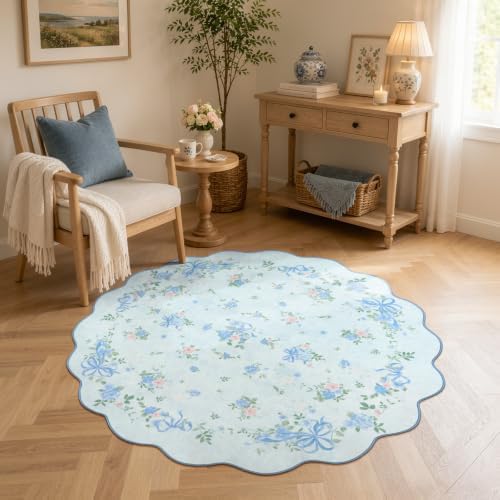 Wonnitar 4ft Blue Round Rug for Nursery, Bow Floral Small Circle Rug - Image 7