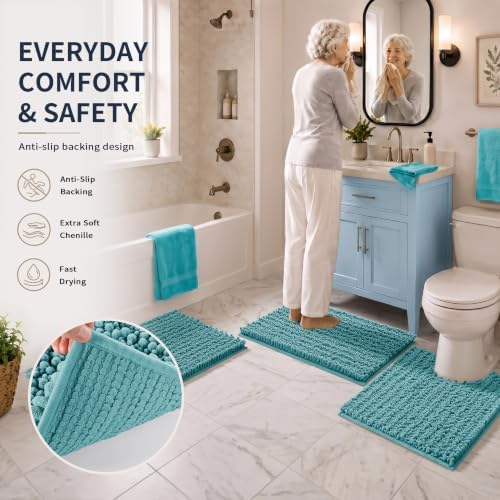 Yimobra Bathroom Rug Set 3 Piece, Super Absorbent Bath Mat Set, Teal Blue - Image 5