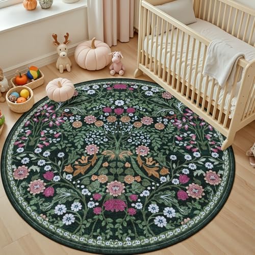 PLHXFR Round Area Rug Living Room: 6 ft Floral Washable Carpet Dark Green - Image 5