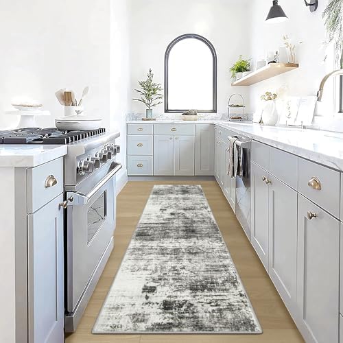 2'6''x8' Runner Rugs Washable Rug:Modern Abstract Hallway Black Grey Carpet by GENTDRIZZ