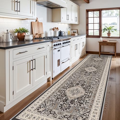 Kitchen Runner Rug 4x12 Washable - Wide Vintage Hallway Entryway Rugs with Non Slip Backing Indoor Stain Resistant Thin Carpet for Living Room Bedroom Ultra Soft Home Decor Floor Mat 4'x12' Black by RUUGME