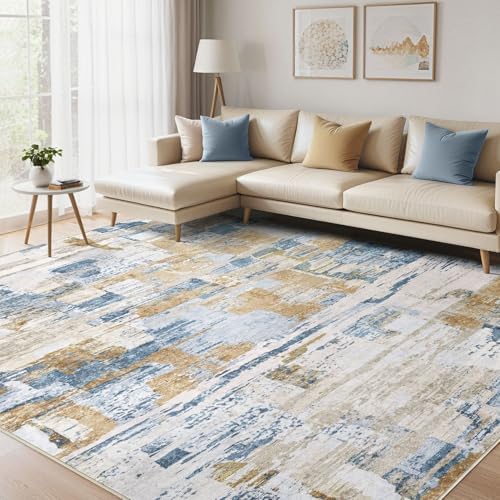kakania Abstract 12x14 Area Rugs for Living Room: Washable Rugs Blue Gold by kakania