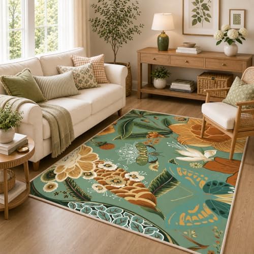 Tyrot Sage Green Boho Floral 3x5 Washable Area Rug Flat Woven Ultra-Thin Low Pile Rug Non Slip Indoor Botanical Butterfly Rug for Living Room, Bedroom, Entryway, Nursery, Dorm by TyrotHomeDecor
