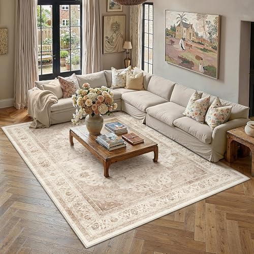10x14 Beige Washable Area Rug Non Slip Vintage Carpet by WondRg
