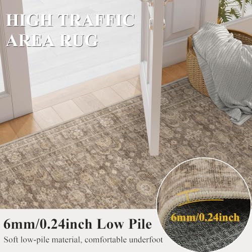 JOOJA 4x6 Neutral Tan Vintage Boho Washable Area Rug, Low Pile Soft Rug - Image 4