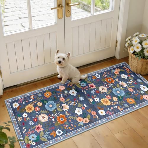 Floral Washable 2x5 Area Rugs Runner Entryway Hallway Blue/Grey by RELEANY