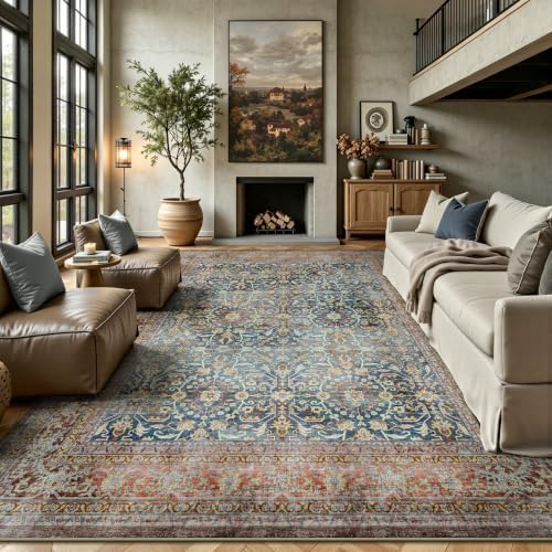 8x10 Area Rugs for Living Room - Washable Vintage Retro Large Rug, Soft Ultra Thin Non Slip Low Pile Distressed Boho Traditional Carpet for Bedroom Dining Room Home Office, Rust Clay by Yarooge