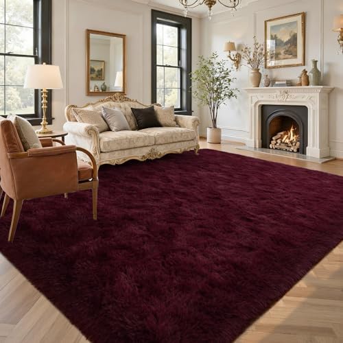 8x10 Area Rugs for Living Room Red Shag Fur Rug, Modern Non-Slip Soft Plush Carpets for Girls Woman Female Wedding Bedroom Home Décor Aesthetic Dark - Image 3