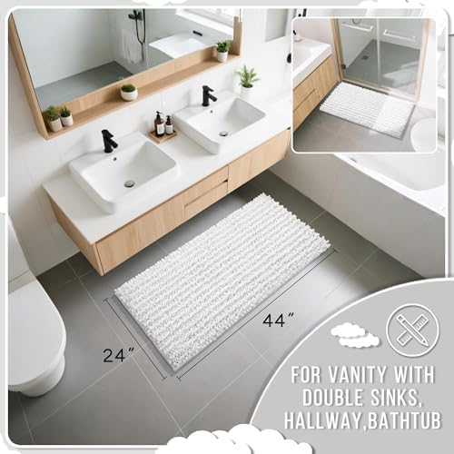 Yimobra Long Bathroom Rugs Non Slip Washable 44x24 Inch - Ultra Soft Absorbent Chenille Bath Mat, Quick Dry Shaggy Floor Carpet for Tub Shower, White Home Decor Accessories - Image 2