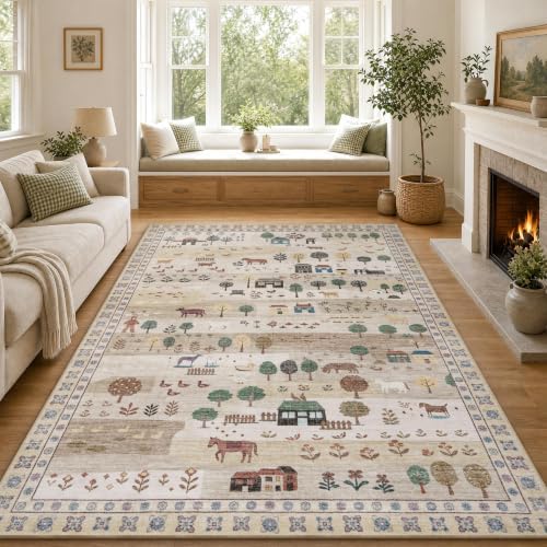 Machine Washable Area Rug 5x7, Soft Whimsical Rug, Vintage Farmhouse Beige by SparkleGaze