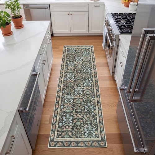 Non Slip 2x6 Kitchen Runner Rug Washable, Hallway Runner Rugs, Boho Vintage Floral Gold Black Non Skid Carpet Stain Resistance Ultra Soft Low Pile for Entryway, Bathroom Mats for Floor - Image 3