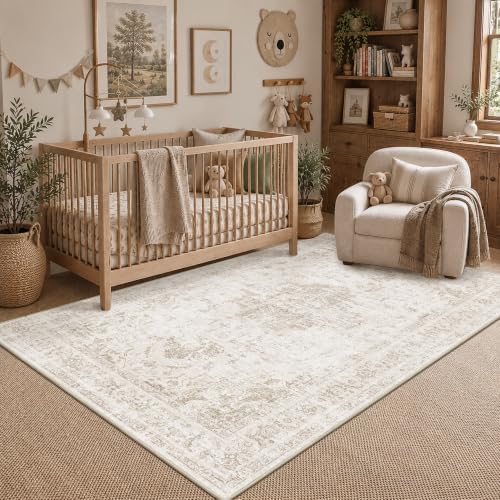 Washable 3x5 Porch Area Rug Soft Medallion Neutral Beige Throw Carpet - Image 4