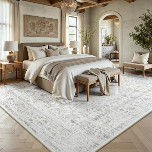 8x10 Area Rugs for Living Room, Washable Vintage Retro Floral Rug, Low Pile Non Slip Distressed Large Carpet for Bedroom, Dining Room, Office, Home (Beige & White) - Image 4