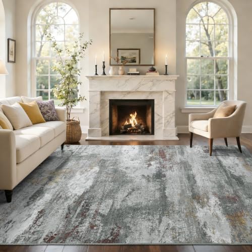 8x10 Ft Abstract Washable Area Rugs for Living Room Grey Red Gold - Image 2
