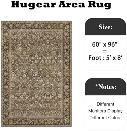 HUGEAR 5x8 Brown Vintage Floral Washable Area Rug for Living Room - Image 2