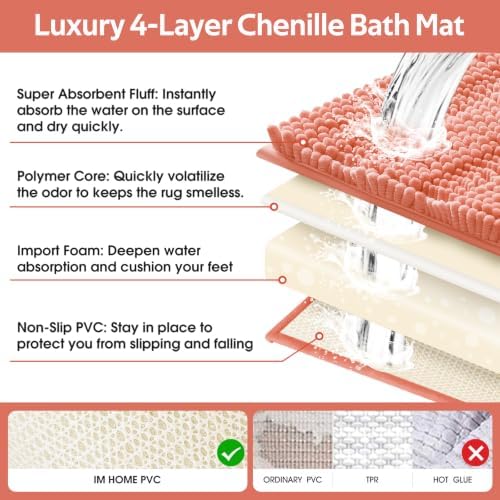 ACCUMTEK Striped Coral Bathroom Rug Mat 32"x20" Ultra Soft, Non Slip Chenille Bath Rugs, Absorbent Plush Shaggy Bath Mats for Bathroom, Bedroom, Kitchen, Shower, Tub - Image 5