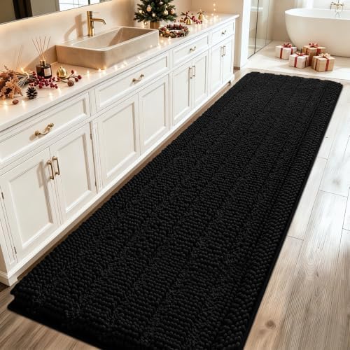 ACCUMTEK Extra Long Striped Black Bathroom Rug Mat 70"x24" Ultra Soft, Non Slip Chenille Bath Rugs, Absorbent Plush Shaggy Bath Mats for Bathroom, Bedroom, Kitchen, Shower, Tub by ACCUMTEK