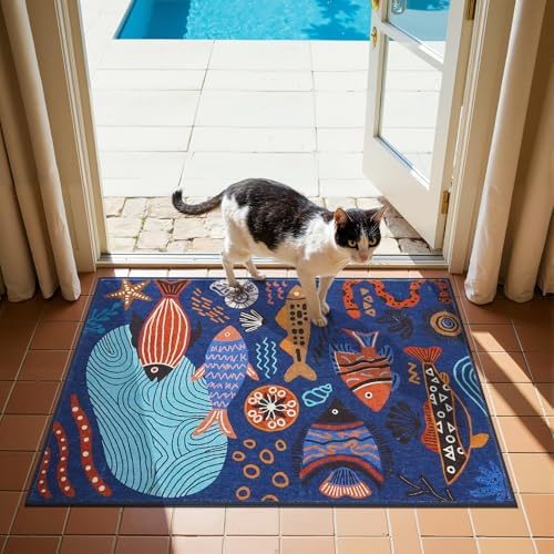 jinchan 2x3 Coastal Area Rug Washable Kids Rug Colorful Ocean Fish Mat Blue by JINCHAN