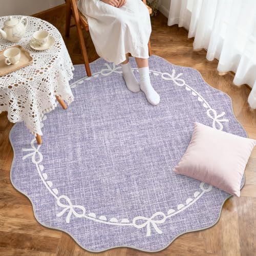 GarveeHome 6ft Round Rugs Washable Scalloped Bow Rug for Bedroom, Purple - Image 3
