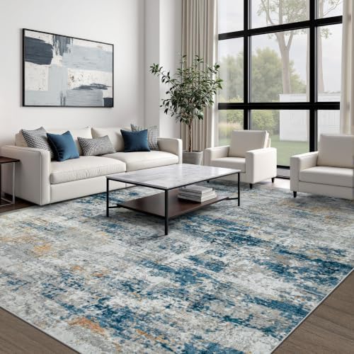 pmtsns Area Rugs 8x10 for Living Room: Washable Rug Modern Abstract Neutral Soft Non-Slip Low-Pile Indoor Large Carpet for Bedroom Dining Room Home Office Children's Room(BlueGreyGold, 8'x10') - Image 2