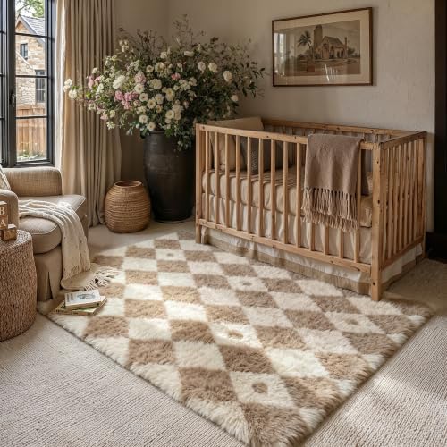 PureCozy Brown 4x6 Area Rug for Kids Room Soft Fluffy Checkered Shag Carpet by PureCozy
